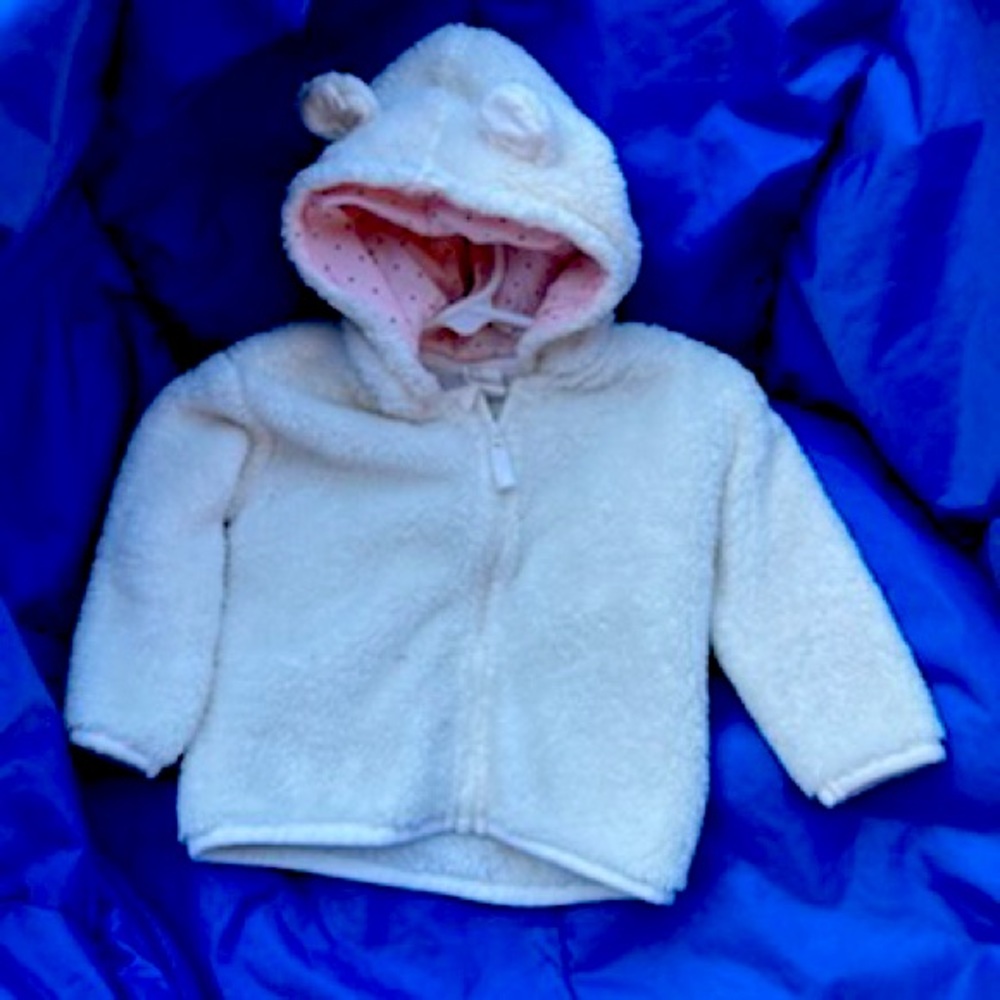 White fleece zip up jacket with a hood